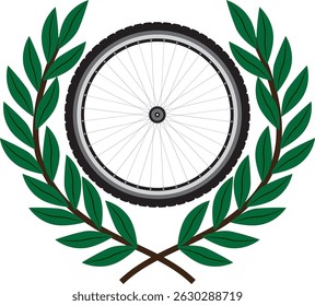 Bicycle wheel with Laurel Wreath Emblem. Bicycle wheel with laurel wreath on transparent background. Vector emblem symbolizing achievement, competition, and cycling excellence.