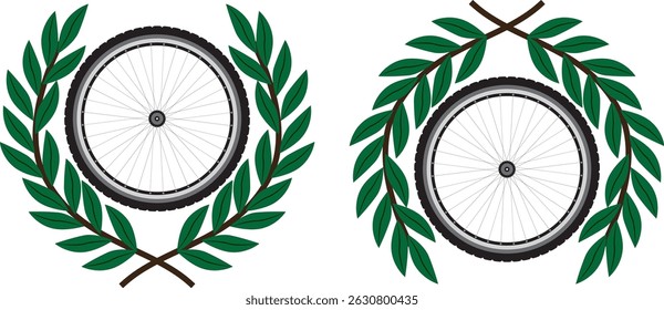 Bicycle wheel with laurel wreath on transparent background. Vector emblem symbolizing achievement, competition, and cycling excellence. With inverted pair.
