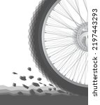 Bicycle wheel in motion stirring up the dust, stones from the ground. Vector illustration in eps10 format. Back bicycle wheel close-up. The wheel consists of spokes, rim, tire, break disc.