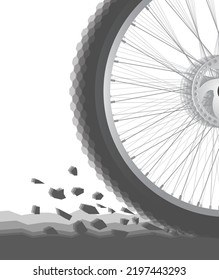 Bicycle Wheel In Motion Stirring Up The Dust, Stones From The Ground. Vector Illustration In Eps10 Format. Back Bicycle Wheel Close-up. The Wheel Consists Of Spokes, Rim, Tire, Break Disc.