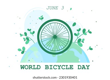 Bicycle wheel on the background of planet Earth and green plants. Go Green environmental conservation concept. Vector illustration for web, banner, poster, landing page, social media, etc