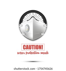 Bicycle wheel with a protection mask. Caution! wear protection mask. Stop coronavirus covid-19 outbreak. Risk disease. Cancellation of sports tournaments. Pattern design. Vector illustration