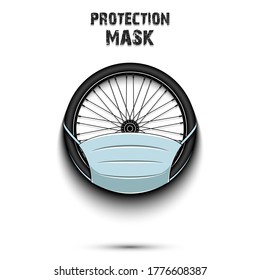 Bicycle wheel with a protection mask. Caution! wear protection mask. Risk disease. Cancellation of sports tournaments. Pattern design. Vector illustration
