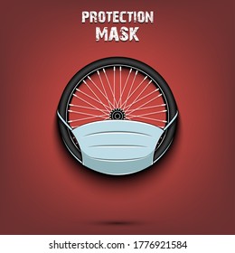 Bicycle wheel with a protection mask. Caution! wear protection mask. Risk disease. Cancellation of sports tournaments. Pattern design. Vector illustration