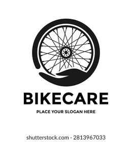 Bicycle wheel resting on a caring hand logo design. Perfect for bike repair, maintenance service, cycling support, or community protection.