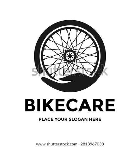 Bicycle wheel resting on a caring hand logo design. Perfect for bike repair, maintenance service, cycling support, or community protection.