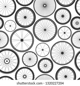 Bicycle wheel seamless pattern. Bike rubber mountain tyre, valve. Fitness cycle, mtb, mountainbike. Vector illustration.