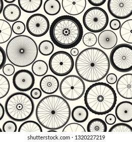Bicycle wheel seamless pattern. Bike rubber mountain tyre, valve. Fitness cycle, mtb, mountainbike. Vector illustration.