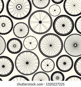 Bicycle wheel seamless pattern. Bike rubber mountain tyre, valve. Fitness cycle, mtb, mountainbike. Vector illustration.