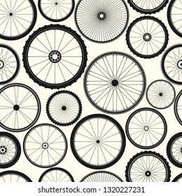 Bicycle wheel seamless pattern. Bike rubber mountain tyre, valve. Fitness cycle, mtb, mountainbike. Vector illustration.