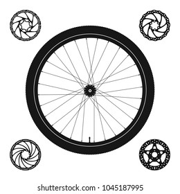 Bicycle Wheel Silhouette plus 4 Disc Brake Rotors of Different Shapes. Vector Illustration