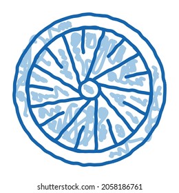 Vector de icono de esbozo de la rueda de la bicicleta. Leyenda de doodle azul dibujada a mano - Signo de rueda de bicicleta. ilustración de símbolo aislado