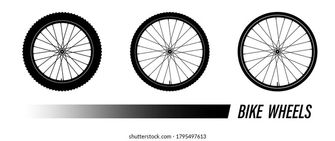 Radradsymbol mit unterschiedlicher Lauffläche. Radgummireifen, Ventil. Aktive Arten von Extremsport. Schwarz-Weiß-Vektorgrafik