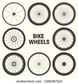 Bicycle wheel symbol vector illustration. Bike rubber mountain tyre, valve. Fitness cycle, mtb, mountainbike.