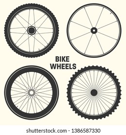 Bicycle wheel symbol vector illustration. Bike rubber mountain tyre, valve. Fitness cycle, mtb, mountainbike.