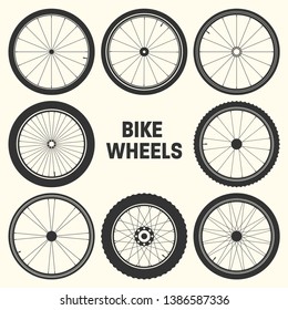 Bicycle wheel symbol vector illustration. Bike rubber mountain tyre, valve. Fitness cycle, mtb, mountainbike.