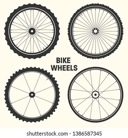 Bicycle wheel symbol vector illustration. Bike rubber mountain tyre, valve. Fitness cycle, mtb, mountainbike.