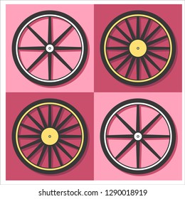 Bicycle wheel symbol,vector. Bike rubber. Mountain tyre. Valve. Fitness cycle.MTB. Mountainbike.Set with 4  wheels on pink background. Illustration in a flat style