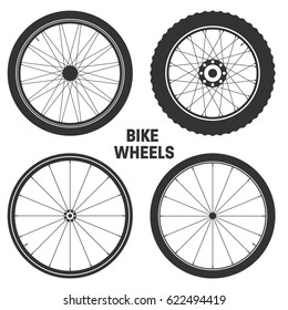 Bicycle wheel symbol,vector. Bike rubber. Mountain tyre. Valve. Fitness cycle.MTB. Mountainbike.Set with 4 different wheels.