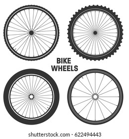 Bicycle wheel symbol,vector. Bike rubber. Mountain tyre. Valve. Fitness cycle.MTB. Mountainbike.Set with 4 different wheels.