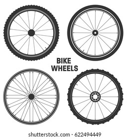 Bicycle wheel symbol,vector. Bike rubber. Mountain tyre. Valve. Fitness cycle.MTB. Mountainbike.Set with 4 different wheels.