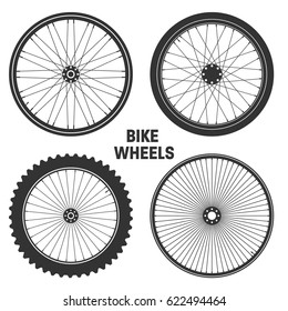 Bicycle wheel symbol,vector. Bike rubber. Mountain tyre. Valve. Fitness cycle.MTB. Mountainbike. Set with 4 different wheels.