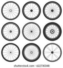 Bicycle wheel symbol,vector. Bike rubber. Mountain tyre. Valve. Fitness cycle.MTB. Mountainbike. Set with 9 wheels.