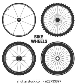 Bicycle wheel symbol,vector. Bike rubber. Mountain tyre. Valve. Fitness cycle.MTB. Mountainbike. Set with 4 different wheels.