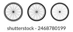 Bicycle wheel vector set. Bike tires flat and black silhouette style.