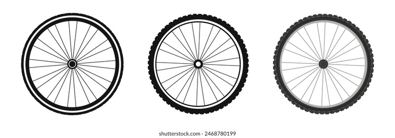 Bicycle wheel vector set. Bike tires flat and black silhouette style.