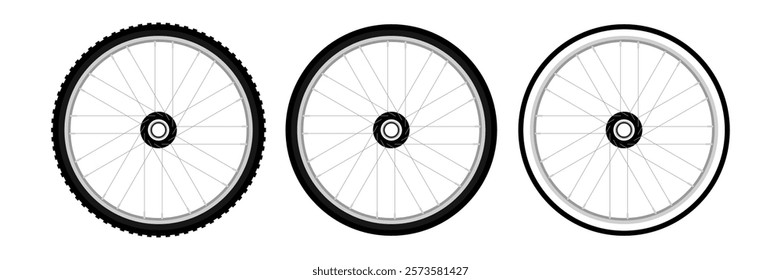 Bicycle wheel vector set. Bike tires flat and black silhouette style.