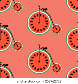 bicycle with wheels in the form of fruit. seamless vector pattern. flat design