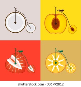 bicycle with wheels in the form of fruit. set icons.