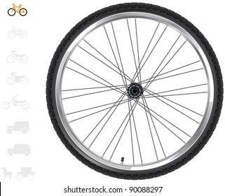 Bicycle wheels. The series of the detailed wheels of the different vehicles. In vector.