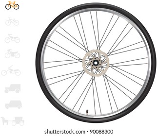 Bicycle wheels. The series of the detailed wheels of the different vehicles. In vector.