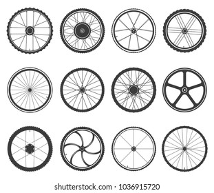 Bicycle wheels set. Circular frame of hard material for vehicle, city, lightweight bike component. Vector flat style cartoon wheels illustration isolated on white background