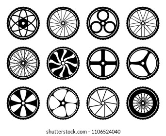 Bicycle wheels set with tires and spokes. Bike icons component. Vector illustration isolated on white background