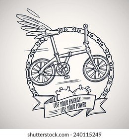 bicycle with wings, doodle style vector illustration