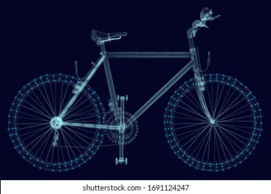 Bicycle wireframe made of blue lines with luminous lights on a dark background. Side view. Vector illustration