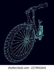 Bicycle wireframe made of blue lines isolated on a dark background. Perspective view. 3D. Vector illustration.