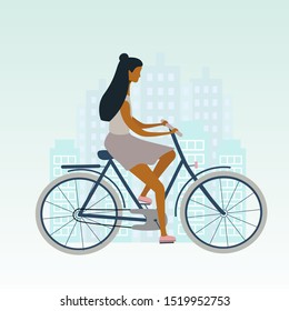 Bicycle woman or girl is riding in the city. Flat stylish bike concept. Eco transport. Vector  illustration for banner, web, mobile app, flyer, poster, print, t-shirt.