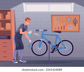 oficina de bicicleta. plano de fundo do desenho animado do serviço de reparação de bicicletas