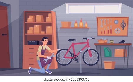 Bicycle workshop. Professional worker fixing damaged bicycles repair and correction wheels exact vector background