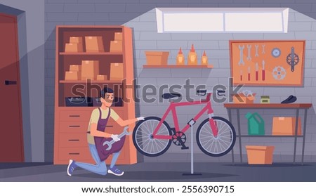 Bicycle workshop. Professional worker fixing damaged bicycles repair and correction wheels exact vector background