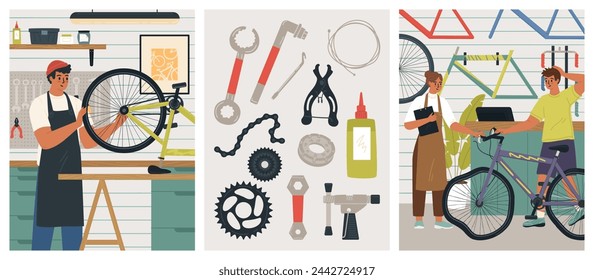 Conjunto de escena aislada de ilustración vectorial de taller de bicicleta