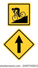 bicycle yellow sign bicyclists steep downhill direction go straight ahead yellow road sign