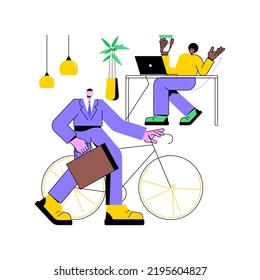 Fahrradfreundliches Büro, einzelne Cartoon-Vektorgrafiken. Der junge Mann, der mit dem Fahrrad zu seinem intelligenten Büro kommt, ein moderner, fahrradfreundlicher Arbeitsplatz, umweltfreundlicher Auto-Vektorkarik.
