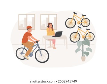 Bicycle-friendly office isolated cartoon vector illustrations. Young man coming with bicycle to his smart office, modern bike-friendly workplace, eco-friendly vehicle vector cartoon.