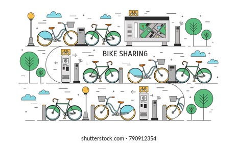 Bicycles available for rent parked at docking stations on city street, payment terminals, map stand and trees. Concept of public bike sharing scheme. Colorful vector illustration in line art style.