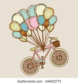 bicycles and balloons over lilac background vector illustration